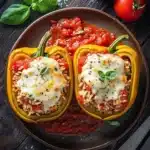 Stuffed bell peppers tomato sauce - the image shows a plate of stuffed bell peppers on a wooden table. the bell peppers are yellow in color and are filled with a mixture of rice, tomato sauce, and cheese. the dish is garnished with fresh basil leaves and there are two whole tomatoes on the side. a knife is resting on the plate next to the peppers. the plate is brown and there is a small bowl of rice in the background. the overall color scheme of the image is warm and inviting.