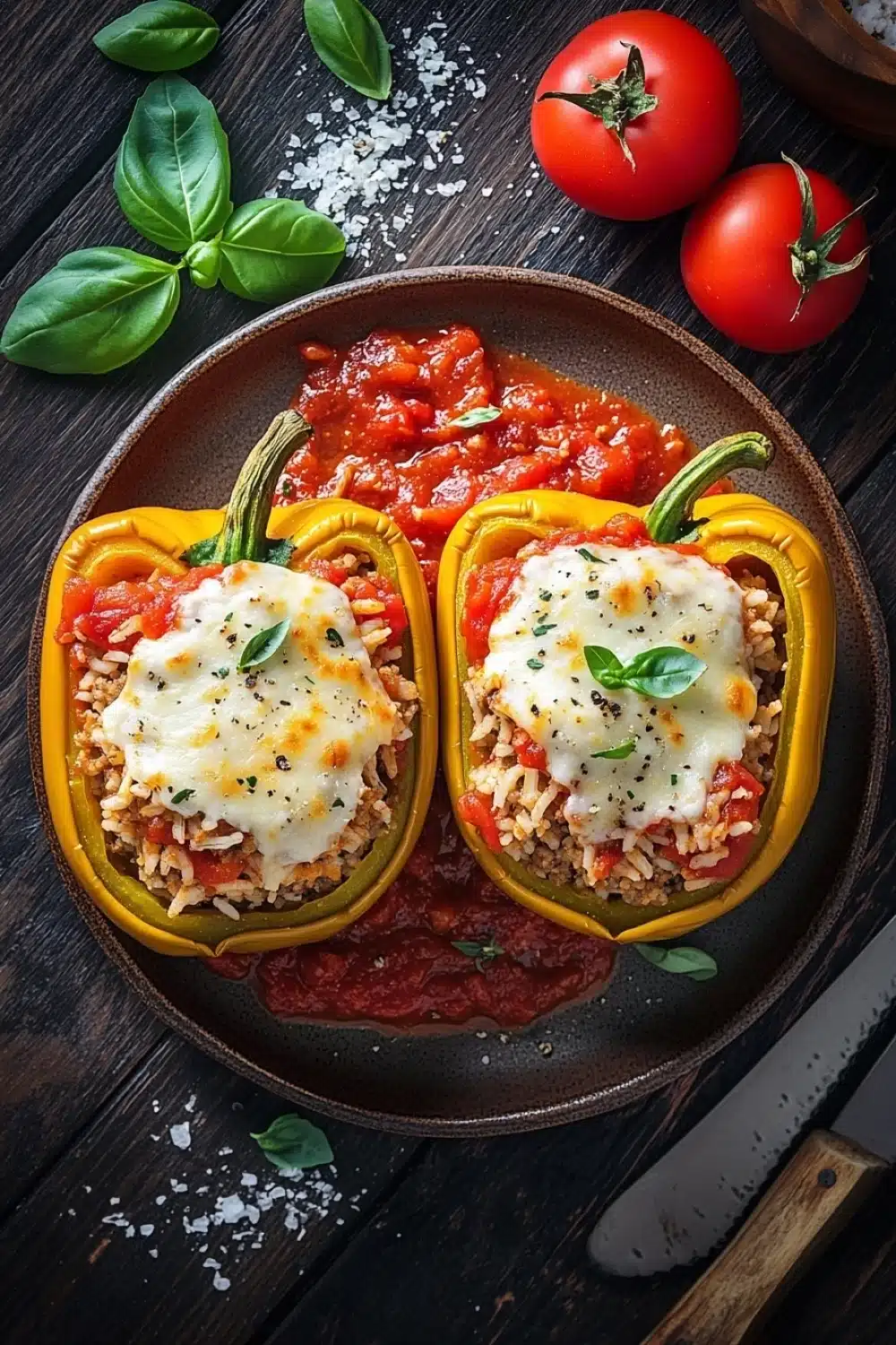 Stuffed bell peppers tomato sauce - the image shows a plate of stuffed bell peppers on a wooden table. the bell peppers are yellow in color and are filled with a mixture of rice, tomato sauce, and cheese. the dish is garnished with fresh basil leaves and there are two whole tomatoes on the side. a knife is resting on the plate next to the peppers. the plate is brown and there is a small bowl of rice in the background. the overall color scheme of the image is warm and inviting.