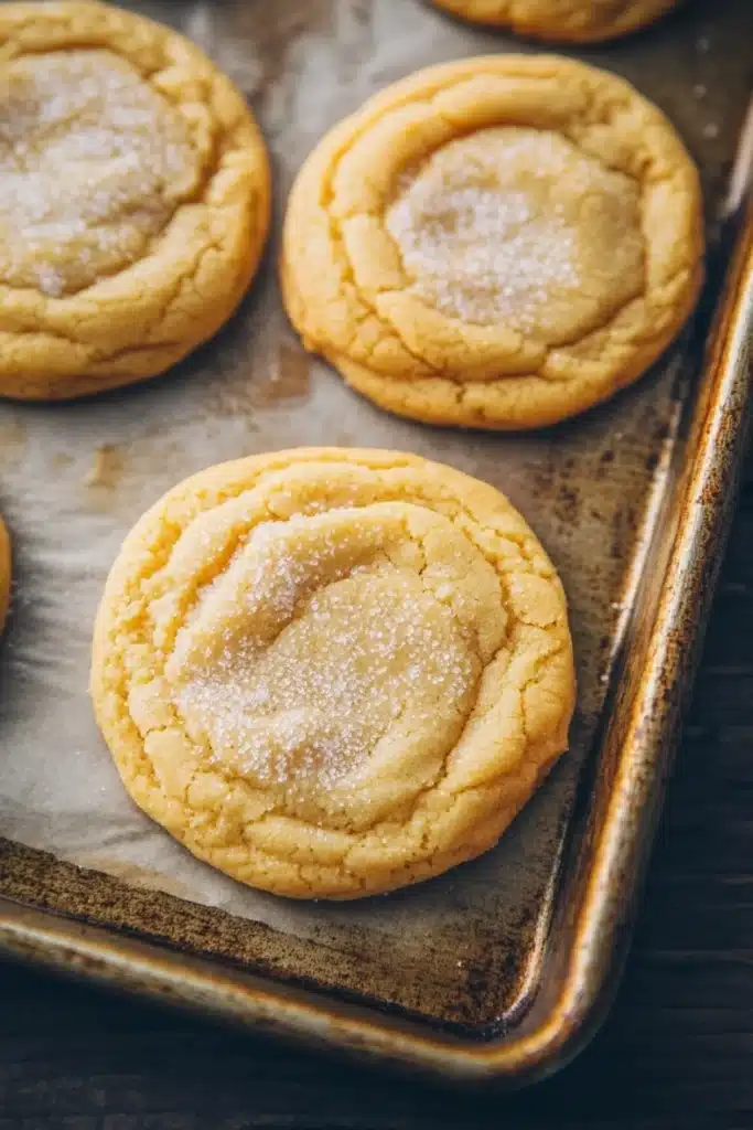 Sugar cookie chewy - the image shows a baking tray with six freshly baked cookies on it. the cookies are round and golden brown in color, with a criss-cross pattern on top. they are dusted with powdered sugar, giving them a shiny appearance. the tray is lined with parchment paper, and the cookies are arranged in a row on the tray. the background is a dark wooden table.