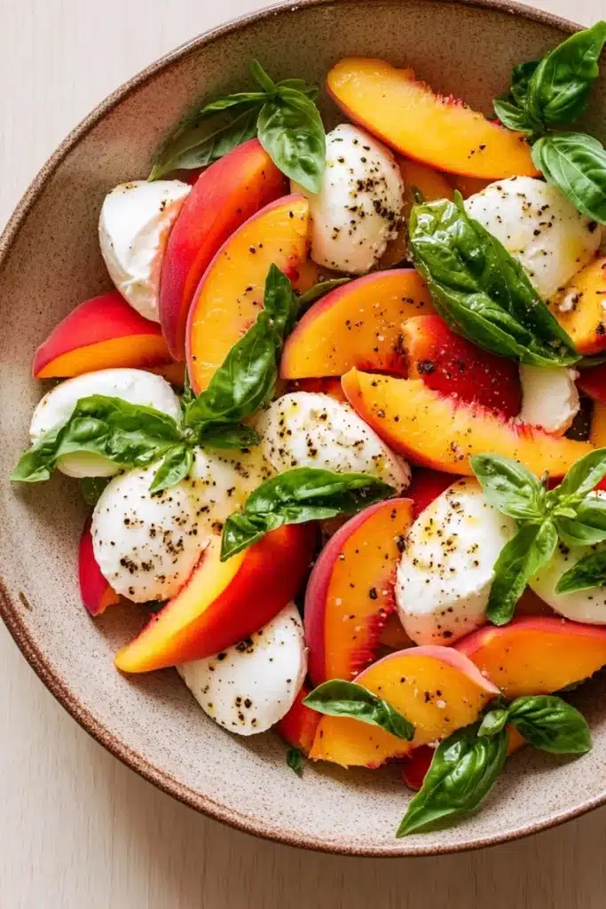 Summer peach caprese salad - the image is a close-up of a salad in a bowl. the salad is made up of sliced peaches, mozzarella cheese, and fresh basil leaves. the peaches are arranged in a circular pattern, with some overlapping each other. the cheese is white and fluffy, and the basil leaves are a vibrant green color. the bowl is a light brown color and is sitting on a wooden table. the overall presentation of the salad is fresh and appetizing.