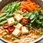 Thai red curry noodle soup with tofu - the image is a close-up of a bowl of noodles with tofu and vegetables. the bowl is made of ceramic and has a brown rim. the noodles are white and appear to be thick and fluffy. the tofu is cut into cubes and is placed on top of the noodles. there are also sliced carrots, green beans, and red bell peppers scattered throughout the dish. the vegetables are bright green and look fresh and vibrant. the dish is garnished with fresh cilantro leaves. the background is blurred, making the bowl the focal point of the image.