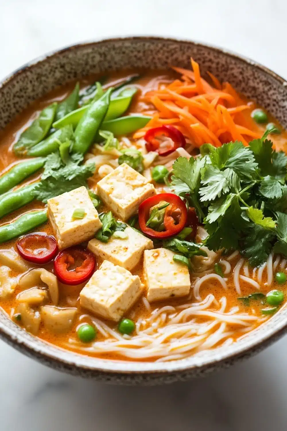 Thai red curry noodle soup with tofu - the image is a close-up of a bowl of noodles with tofu and vegetables. the bowl is made of ceramic and has a brown rim. the noodles are white and appear to be thick and fluffy. the tofu is cut into cubes and is placed on top of the noodles. there are also sliced carrots, green beans, and red bell peppers scattered throughout the dish. the vegetables are bright green and look fresh and vibrant. the dish is garnished with fresh cilantro leaves. the background is blurred, making the bowl the focal point of the image.