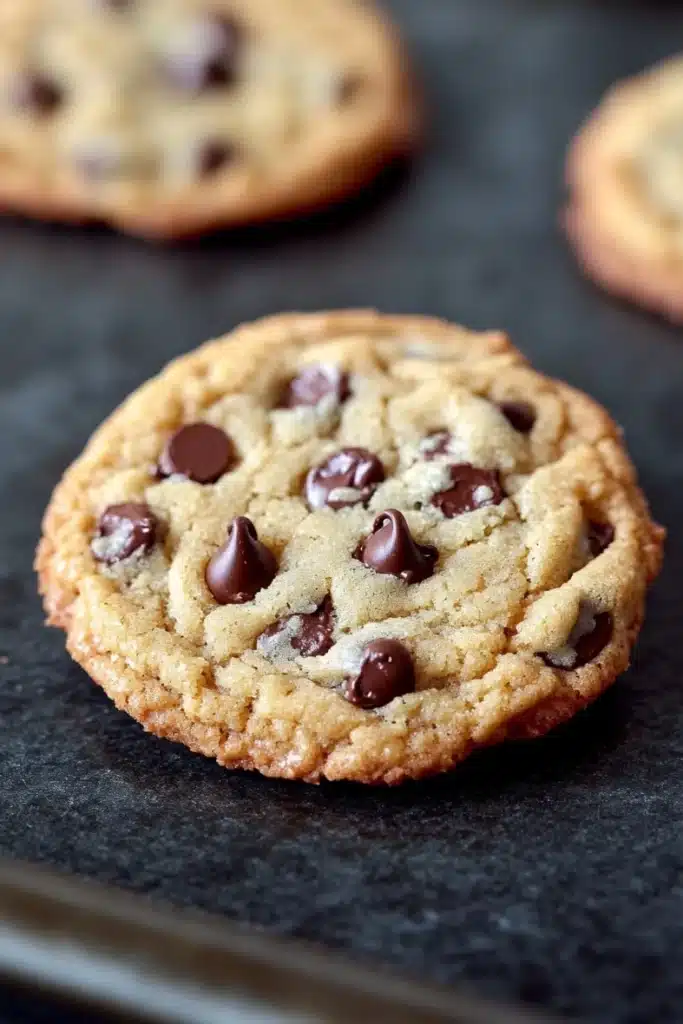 Thin and crispy chocolate chip cookie - the image shows a close-up of a freshly baked chocolate chip cookie on a black surface. the cookie is round and golden brown in color, with chocolate chips scattered throughout. it appears to be soft and chewy, with a slightly crumbly texture. in the background, there are more chocolate chip cookies scattered around the surface. a knife is resting on the right side of the image, suggesting that the cookie is being prepared for baking.