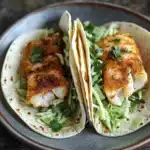 Tilapia fish tacos air fryer - the image shows two fish tacos on a gray plate. the tacos are made with a tortilla shell and are filled with shredded cabbage and cilantro. the fish appears to be cooked and has a golden brown color. the plate is sitting on a wooden table with a rustic background.