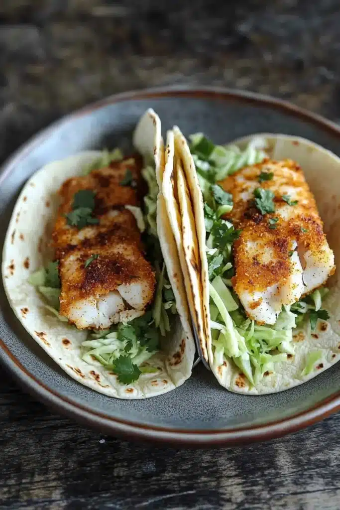 Tilapia fish tacos air fryer - the image shows two fish tacos on a gray plate. the tacos are made with a tortilla shell and are filled with shredded cabbage and cilantro. the fish appears to be cooked and has a golden brown color. the plate is sitting on a wooden table with a rustic background.