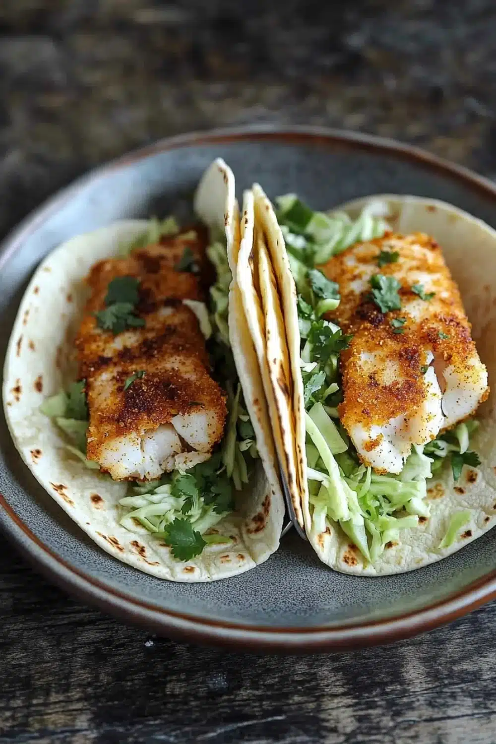 Tilapia fish tacos air fryer - the image shows two fish tacos on a gray plate. the tacos are made with a tortilla shell and are filled with shredded cabbage and cilantro. the fish appears to be cooked and has a golden brown color. the plate is sitting on a wooden table with a rustic background.