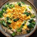Trish yearwood chicken broccoli casserole - the image is a close-up of a bowl of food on a wooden table. the bowl is made of ceramic and has a brown rim. the food in the bowl appears to be a dish made with rice, broccoli, and crumbled cheese. the cheese is melted and bubbly, and there are small pieces of breadcrumbs scattered throughout the dish. the broccoli is bright green and looks fresh and healthy. the rice is white and fluffy, and the cheese is a bright yellow color. the dish looks appetizing and ready to eat.