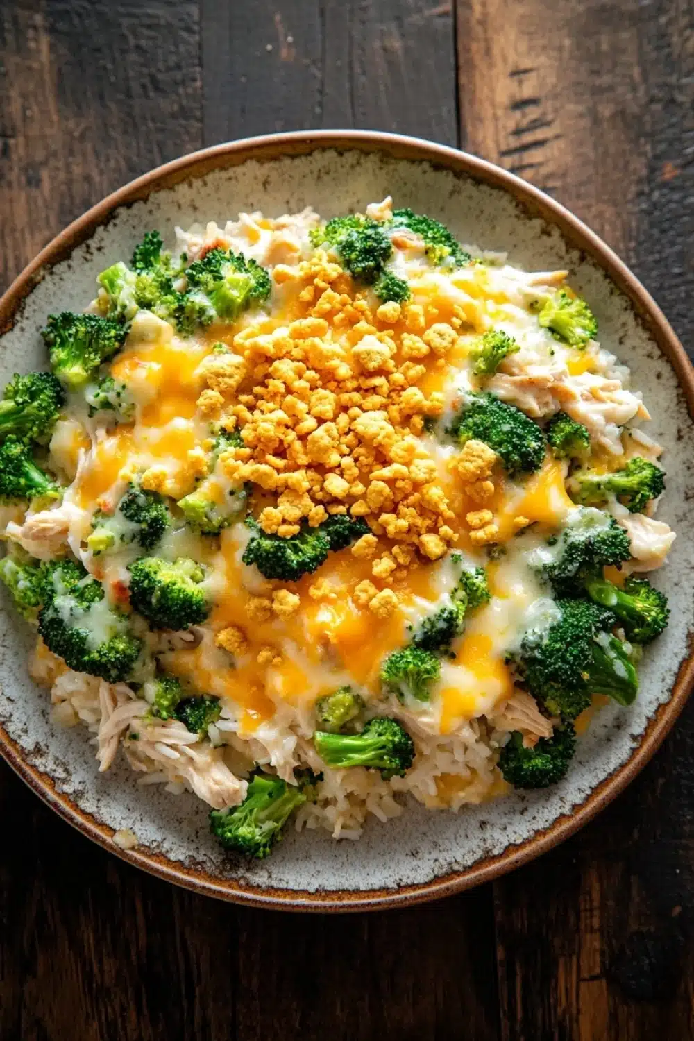 Trish yearwood chicken broccoli casserole - the image is a close-up of a bowl of food on a wooden table. the bowl is made of ceramic and has a brown rim. the food in the bowl appears to be a dish made with rice, broccoli, and crumbled cheese. the cheese is melted and bubbly, and there are small pieces of breadcrumbs scattered throughout the dish. the broccoli is bright green and looks fresh and healthy. the rice is white and fluffy, and the cheese is a bright yellow color. the dish looks appetizing and ready to eat.