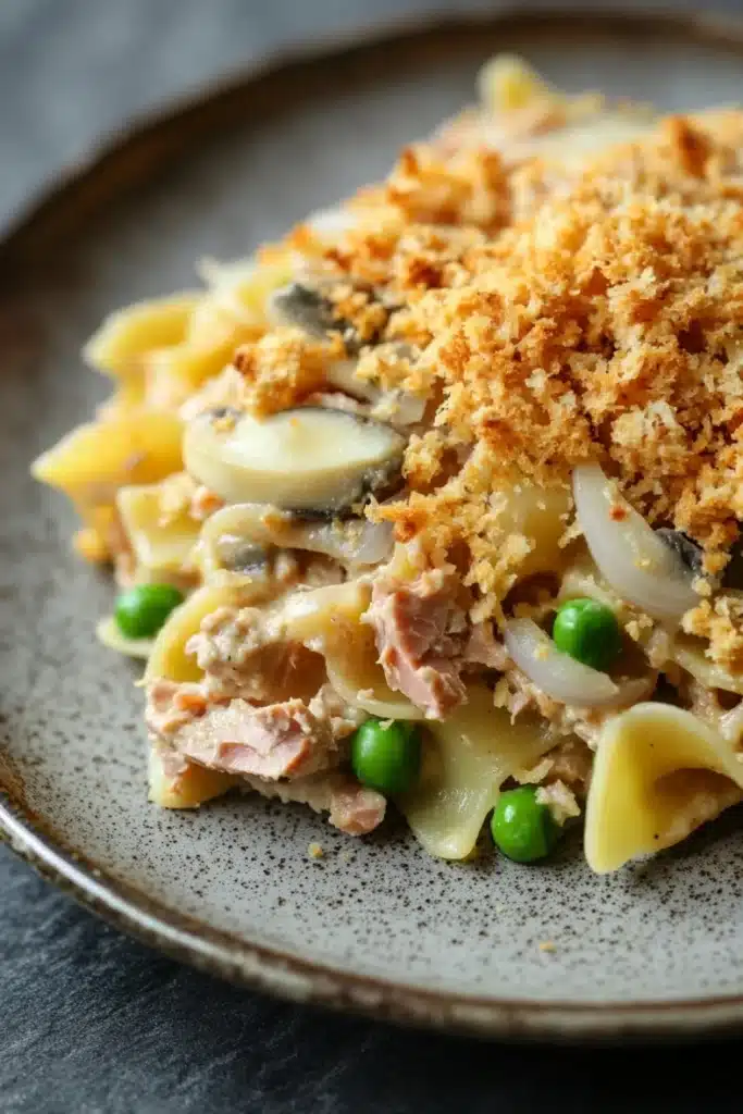 Tuna casserole no cheese - the image shows a plate of pasta dish on a dark grey plate. the pasta appears to be fettuccine alfredo, with a layer of breadcrumbs on top. the dish is garnished with sliced onions, green peas, and chunks of ham. the plate is sitting on a wooden table with a blurred background.