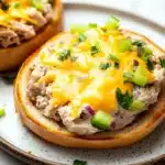 Tuna melt bagel - the image shows two sandwiches on a white plate with a speckled pattern. the sandwiches are made with a toasted bun and are topped with a generous amount of shredded chicken, diced red onions, and chopped green onions. the chicken appears to be seasoned with herbs and spices, and the cheese is melted and bubbly on top. the plate is garnished with a sprig of parsley. the background is blurred, but it seems to be a kitchen countertop.