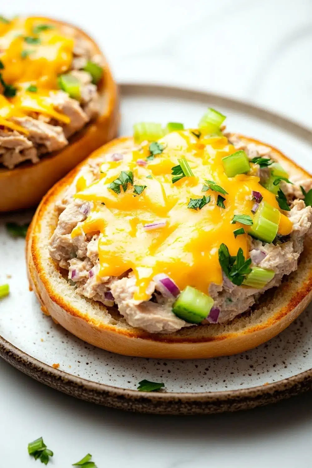 Tuna melt bagel - the image shows two sandwiches on a white plate with a speckled pattern. the sandwiches are made with a toasted bun and are topped with a generous amount of shredded chicken, diced red onions, and chopped green onions. the chicken appears to be seasoned with herbs and spices, and the cheese is melted and bubbly on top. the plate is garnished with a sprig of parsley. the background is blurred, but it seems to be a kitchen countertop.