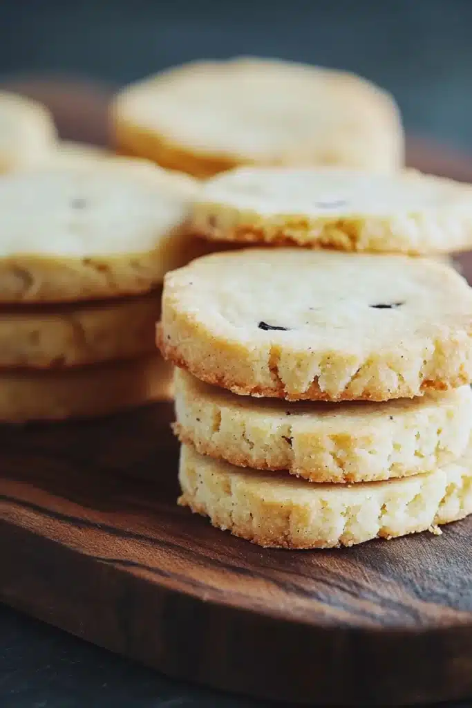 Vanilla bean shortbread cookie - the image shows a stack of freshly baked cookies on a wooden cutting board. the cookies are golden brown in color and have a crumbly texture. they are arranged in a neat stack, with some overlapping each other. the background is blurred, but it appears to be a dark countertop. the overall mood of the image is warm and inviting.