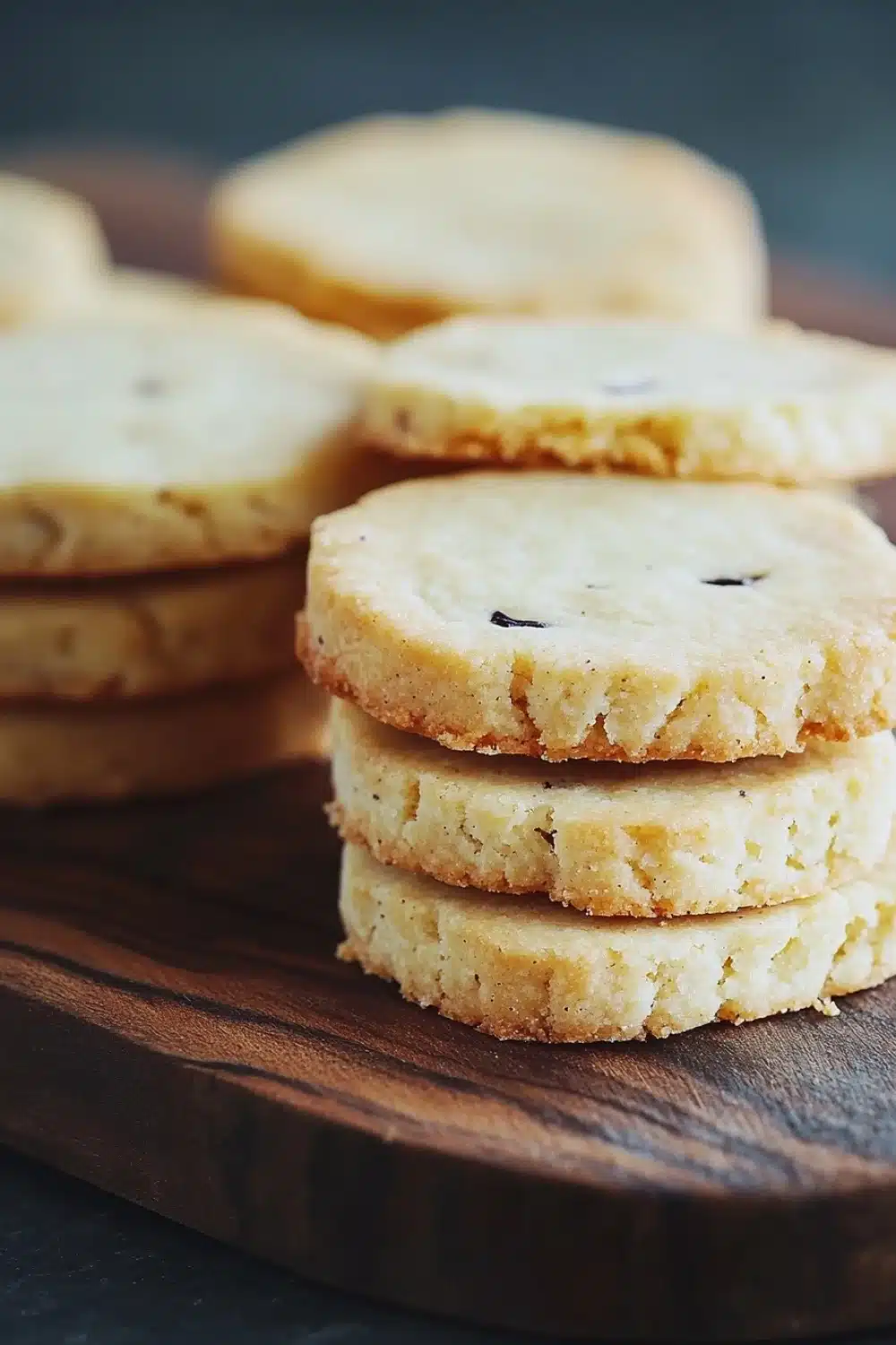 Vanilla bean shortbread cookie - the image shows a stack of freshly baked cookies on a wooden cutting board. the cookies are golden brown in color and have a crumbly texture. they are arranged in a neat stack, with some overlapping each other. the background is blurred, but it appears to be a dark countertop. the overall mood of the image is warm and inviting.