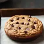Vegan peanut butter cookie cake - the image shows a freshly baked chocolate chip cookie on a baking tray. the cookie is round and golden brown in color, with small chocolate chips scattered throughout. the tray is lined with parchment paper, and there is a white bowl in the background. the background is blurred, but it appears to be a kitchen countertop.