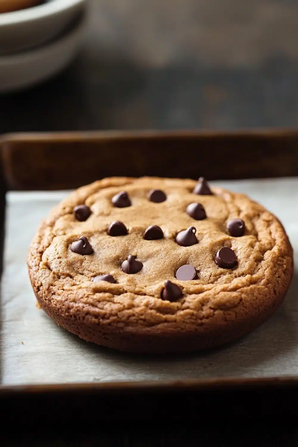 Vegan peanut butter cookie cake - the image shows a freshly baked chocolate chip cookie on a baking tray. the cookie is round and golden brown in color, with small chocolate chips scattered throughout. the tray is lined with parchment paper, and there is a white bowl in the background. the background is blurred, but it appears to be a kitchen countertop.