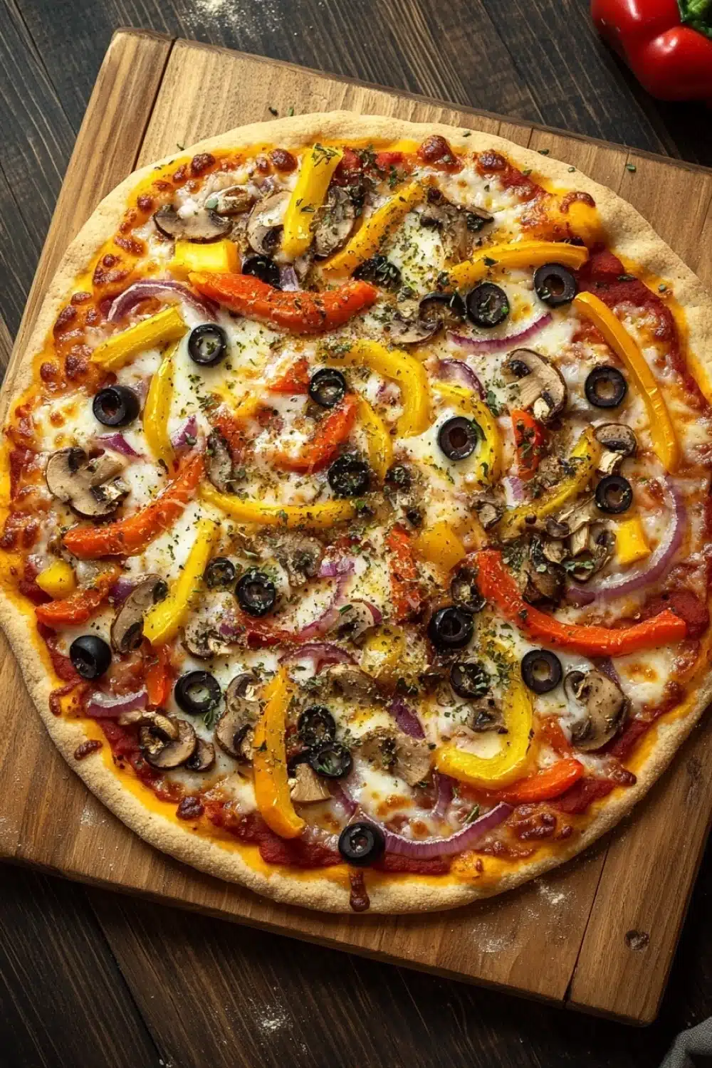 Vegan sheet pan pizza - the image is of a large pizza on a wooden cutting board. the pizza is round and has a golden brown crust. it is topped with a variety of toppings, including sliced red and yellow bell peppers, sliced mushrooms, red onions, and black olives. the toppings are arranged in a circular pattern, with some overlapping each other. the cutting board is placed on a dark wooden table, and there are two red bell peppers on the right side of the image.