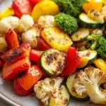 Vegetables in air fryer oven - the image is a close-up of a plate of roasted vegetables. the plate is round and has a light brown color with a speckled pattern. the vegetables are arranged in a colorful and appetizing manner, with a variety of colors including red, yellow, green, and orange. there are also pieces of cauliflower, zucchini, and broccoli scattered throughout the dish. the colors are vibrant and the vegetables appear to be seasoned with herbs and spices. the dish looks fresh and ready to eat.