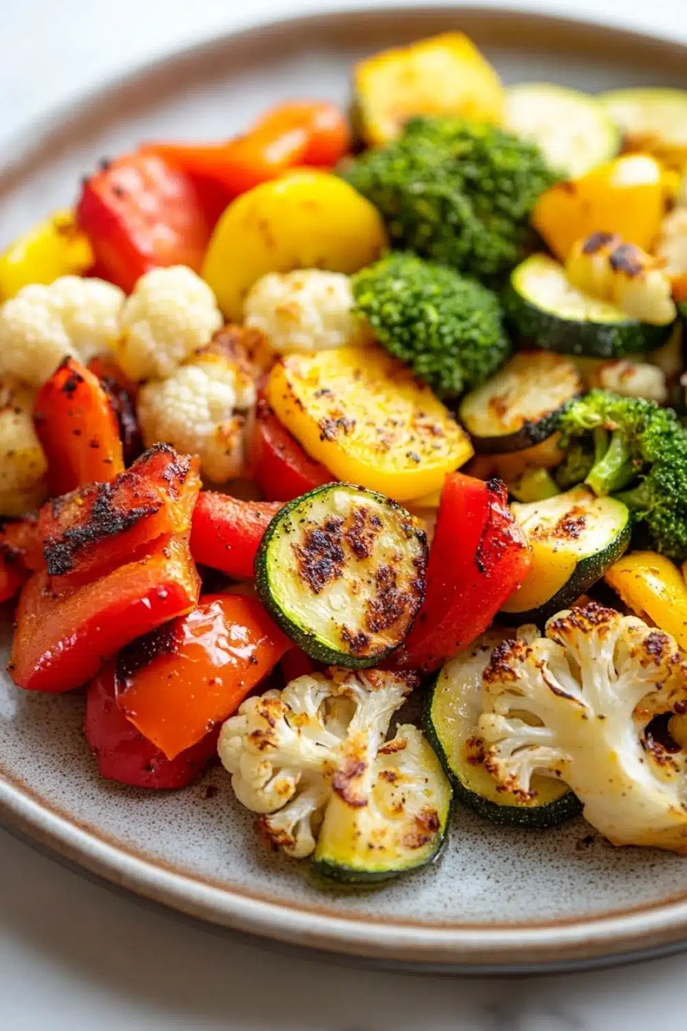 Vegetables in air fryer oven - the image is a close-up of a plate of roasted vegetables. the plate is round and has a light brown color with a speckled pattern. the vegetables are arranged in a colorful and appetizing manner, with a variety of colors including red, yellow, green, and orange. there are also pieces of cauliflower, zucchini, and broccoli scattered throughout the dish. the colors are vibrant and the vegetables appear to be seasoned with herbs and spices. the dish looks fresh and ready to eat.