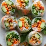 Vegetarian spring rolls - the image shows a plate of spring rolls on a wooden table. the spring rolls are made with rice, vegetables, and nuts. the rolls are arranged in a circular pattern on the plate, with each roll slightly overlapping the one below it. the vegetables include sliced cucumbers, carrots, and green leafy greens. the nuts are scattered on top of the spring rolls, adding a crunchy texture to the dish. the plate is garnished with a sprig of mint.