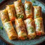 Vegetarian spring rolls air fryer - the image shows a plate of spring rolls on a wooden table. the spring rolls are arranged in a circular pattern on the plate, with each roll slightly overlapping the one below it. the rolls are golden brown and appear to be filled with a mixture of vegetables, including carrots, celery, and onions. the plate is garnished with chopped green onions and sesame seeds. the background is blurred, but it appears to be a rustic wooden table with a dark finish.