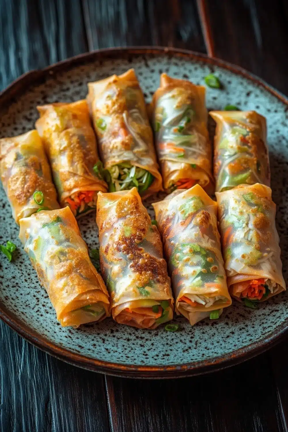 Vegetarian spring rolls air fryer - the image shows a plate of spring rolls on a wooden table. the spring rolls are arranged in a circular pattern on the plate, with each roll slightly overlapping the one below it. the rolls are golden brown and appear to be filled with a mixture of vegetables, including carrots, celery, and onions. the plate is garnished with chopped green onions and sesame seeds. the background is blurred, but it appears to be a rustic wooden table with a dark finish.