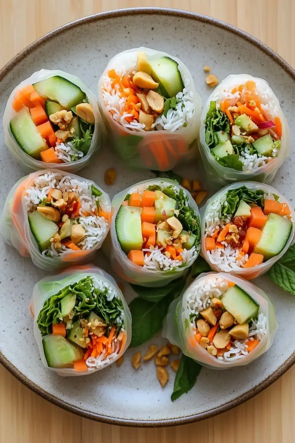 Vegetarian spring rolls - the image shows a plate of spring rolls on a wooden table. the spring rolls are made with rice, vegetables, and nuts. the rolls are arranged in a circular pattern on the plate, with each roll slightly overlapping the one below it. the vegetables include sliced cucumbers, carrots, and green leafy greens. the nuts are scattered on top of the spring rolls, adding a crunchy texture to the dish. the plate is garnished with a sprig of mint.