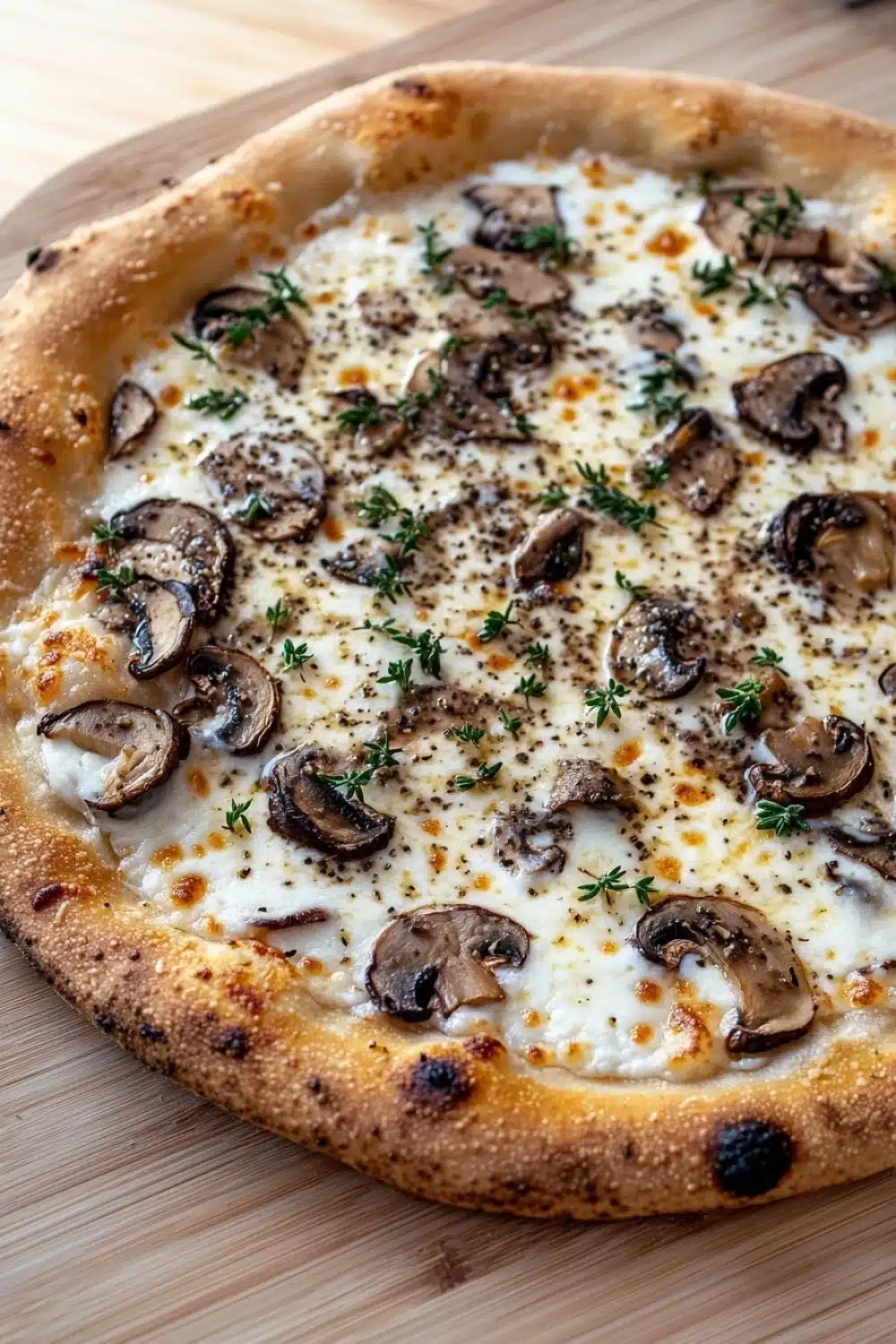 White sauce truffle pizza - the image is of a freshly baked pizza on a wooden cutting board. the pizza has a golden brown crust and is topped with melted cheese and sliced mushrooms. the mushrooms are arranged in a circular pattern on top of the cheese, with some of them overlapping each other. there are also small sprigs of fresh herbs scattered throughout the pizza. the background is blurred, but it appears to be a kitchen countertop.