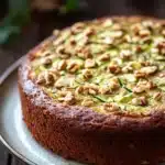 Zucchini yogurt cake - the image is of a round cake on a white plate. the cake appears to be freshly baked and has a golden brown crust. on top of the cake, there is a layer of chopped nuts, which are arranged in a circular pattern. the nuts are evenly spaced and appear to be of different sizes and shapes. the plate is sitting on a wooden table with a blurred background of greenery.