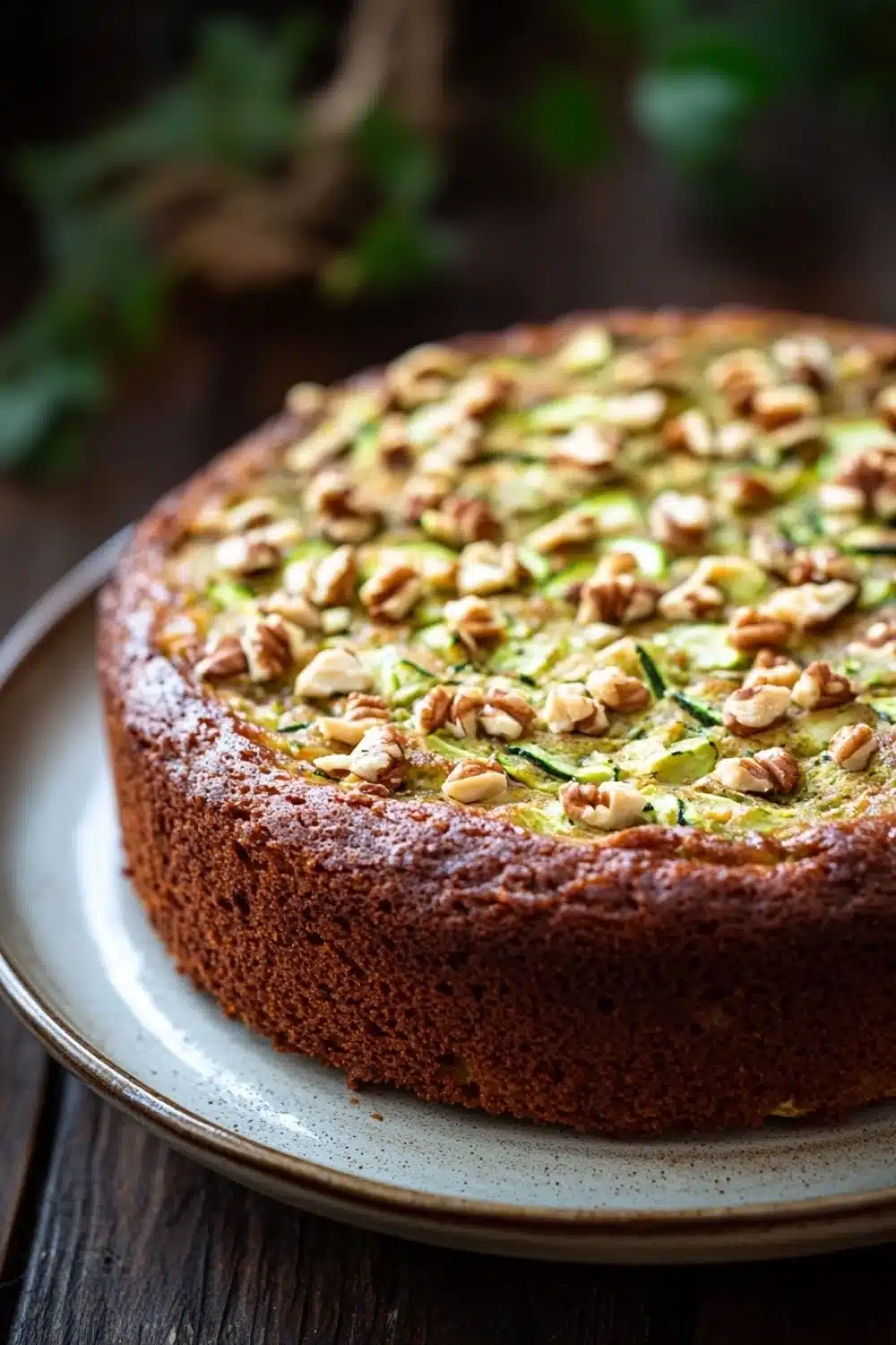 Zucchini yogurt cake - the image is of a round cake on a white plate. the cake appears to be freshly baked and has a golden brown crust. on top of the cake, there is a layer of chopped nuts, which are arranged in a circular pattern. the nuts are evenly spaced and appear to be of different sizes and shapes. the plate is sitting on a wooden table with a blurred background of greenery.