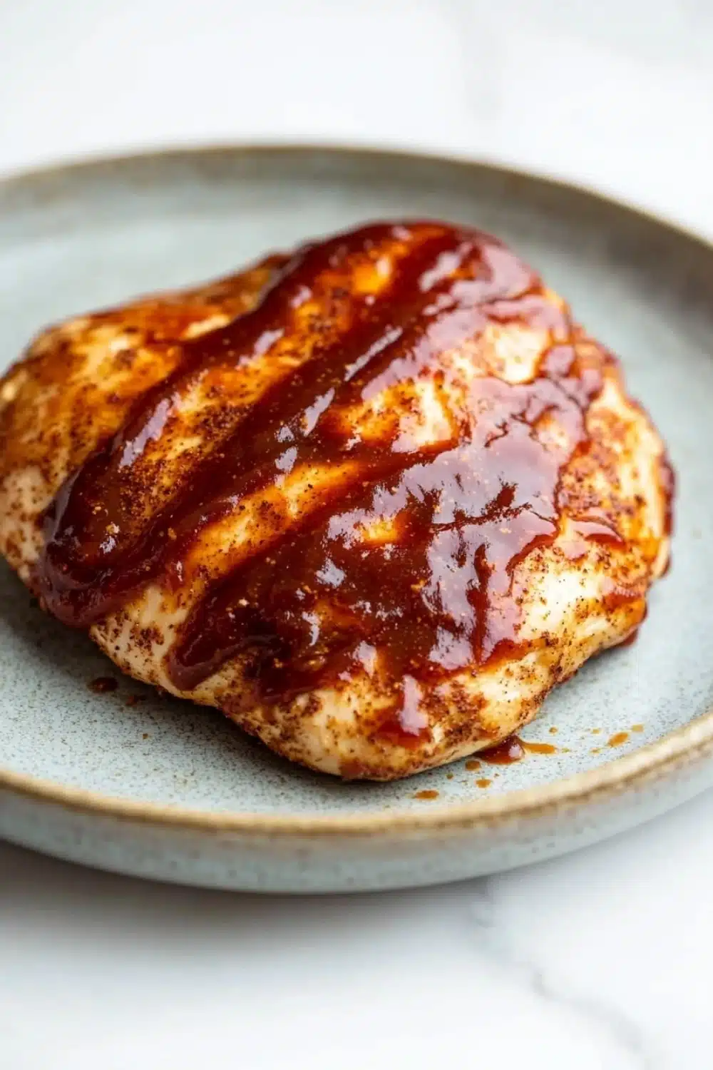 Air fryer chicken breast bbq - the image shows a plate with a piece of grilled chicken on it. the chicken is golden brown and appears to be seasoned with herbs and spices. it is covered in a thick, red sauce that is dripping down the sides of the chicken. the sauce is thick and thick, and it looks like it has been cooked to perfection. the plate is light blue and has a textured surface. the background is white, making the plate and chicken the focal point of the image.