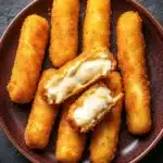 Air fryer mozzarella sticks homemade without freezing - the image shows a plate of deep-fried breadsticks. the breadsticks are golden brown and appear to be crispy on the outside. they are arranged in a circular pattern on the plate, with some overlapping each other. in the center of the plate is a small piece of creamy white sauce, which looks like mayonnaise or mayo. the plate is brown and has a textured surface. the background is a dark grey color, making the breadsticks stand out.