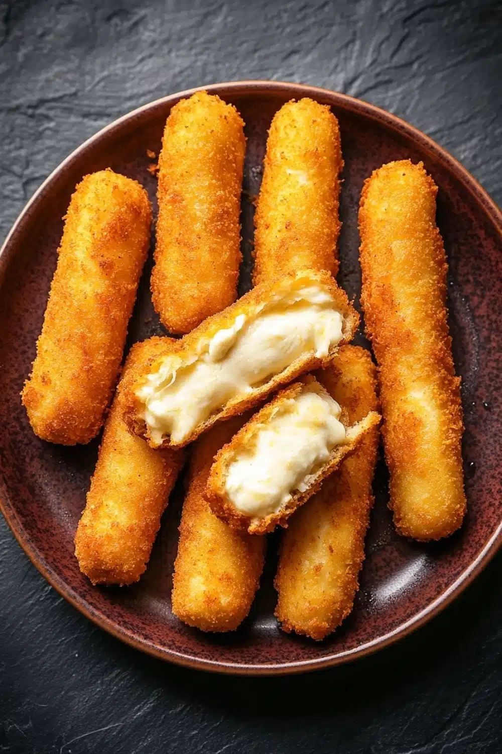 Air fryer mozzarella sticks homemade without freezing - the image shows a plate of deep-fried breadsticks. the breadsticks are golden brown and appear to be crispy on the outside. they are arranged in a circular pattern on the plate, with some overlapping each other. in the center of the plate is a small piece of creamy white sauce, which looks like mayonnaise or mayo. the plate is brown and has a textured surface. the background is a dark grey color, making the breadsticks stand out.