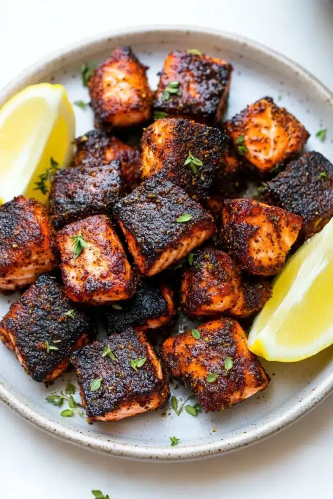 Air fryer salmon bites blackened - the image shows a plate of grilled salmon cubes. the salmon cubes are golden brown and appear to be seasoned with herbs and spices. they are arranged in a circular pattern on the plate, with two lemon wedges on either side. the plate is white and has a textured surface. the background is blurred, but it appears to be a kitchen countertop.