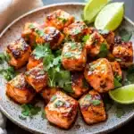 Air fryer salmon bites honey siracha - the image shows a plate of grilled salmon. the salmon is cooked to a golden brown color and has a crispy texture. it is garnished with fresh cilantro and lime wedges. the plate is sitting on a dark wooden table with a white cloth napkin on the side. the background is blurred, but it appears to be a rustic kitchen countertop.