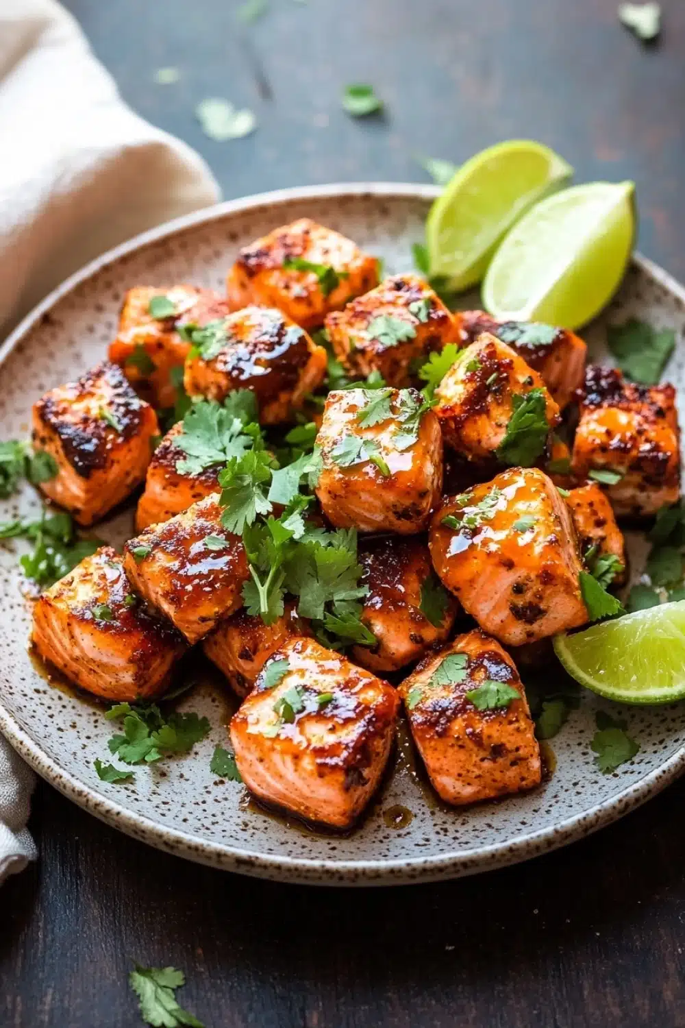Air fryer salmon bites honey siracha - the image shows a plate of grilled salmon. the salmon is cooked to a golden brown color and has a crispy texture. it is garnished with fresh cilantro and lime wedges. the plate is sitting on a dark wooden table with a white cloth napkin on the side. the background is blurred, but it appears to be a rustic kitchen countertop.