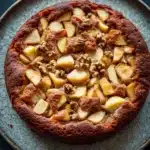 Apple cake no flour - the image is of a round cake on a blue plate. the cake appears to be freshly baked and has a golden brown crust on top. it is topped with sliced apples and walnuts, giving it a crunchy texture. the apples are arranged in a circular pattern, with some overlapping each other. the walnuts are scattered throughout the cake, adding a nutty flavor to the dish. the plate is sitting on a dark blue countertop.