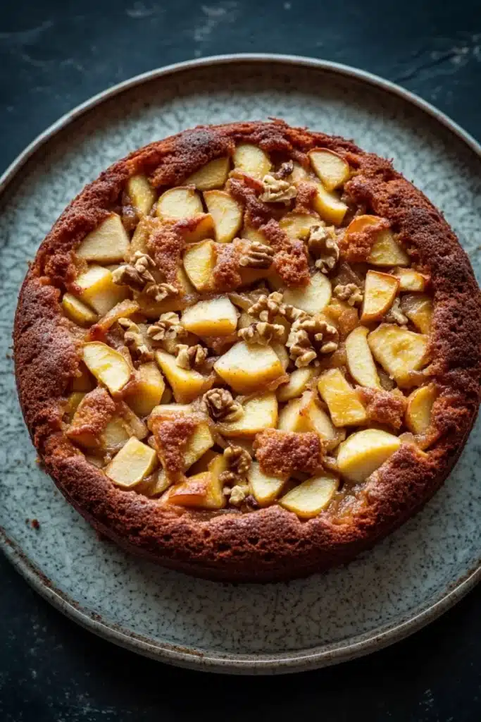 Apple cake no flour - the image is of a round cake on a blue plate. the cake appears to be freshly baked and has a golden brown crust on top. it is topped with sliced apples and walnuts, giving it a crunchy texture. the apples are arranged in a circular pattern, with some overlapping each other. the walnuts are scattered throughout the cake, adding a nutty flavor to the dish. the plate is sitting on a dark blue countertop.