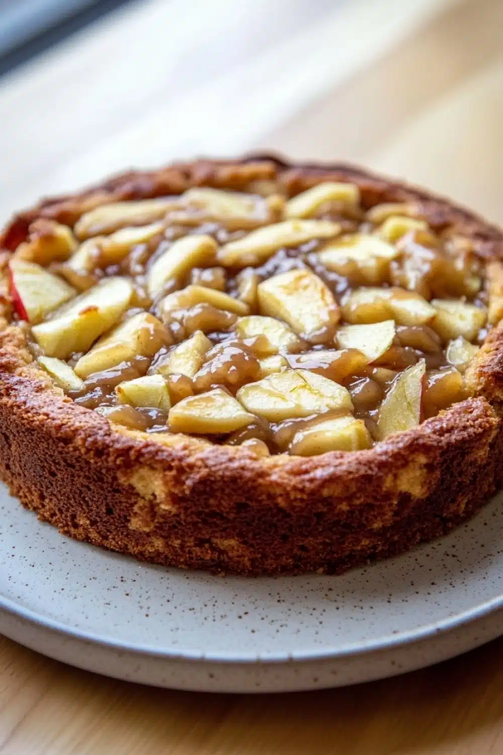 Apple cake with apple pie filling - the image is of a freshly baked apple tart on a white plate. the tart has a golden brown crust and is topped with sliced apples arranged in a circular pattern. the apples are cut into small cubes and are drizzled with a caramel sauce. the plate is sitting on a wooden table with a blurred background.