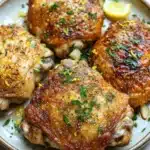 Baked chicken thighs lemon garlic - the image shows a plate of grilled chicken breasts. the chicken breasts are golden brown and appear to be seasoned with herbs and spices. they are arranged in a circular pattern on the plate, with a slice of lemon on the side. the plate is white and has a textured surface. the background is blurred, but it appears to be a kitchen countertop.