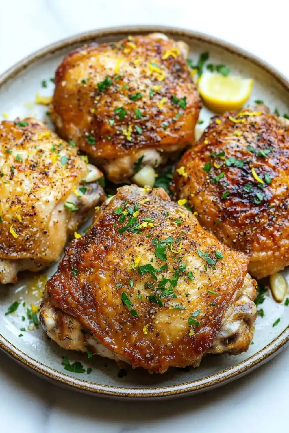 Baked chicken thighs lemon garlic - the image shows a plate of grilled chicken breasts. the chicken breasts are golden brown and appear to be seasoned with herbs and spices. they are arranged in a circular pattern on the plate, with a slice of lemon on the side. the plate is white and has a textured surface. the background is blurred, but it appears to be a kitchen countertop.