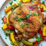Baked chicken thighs peppers and onions - the image shows a plate of food with a large piece of grilled chicken on top. the chicken is golden brown and appears to be seasoned with herbs and spices. the dish is made up of various vegetables, including bell peppers, onions, and mushrooms. the vegetables are arranged in a colorful and appetizing manner, with some overlapping each other. the plate is white with a speckled pattern, and the background is a wooden table.