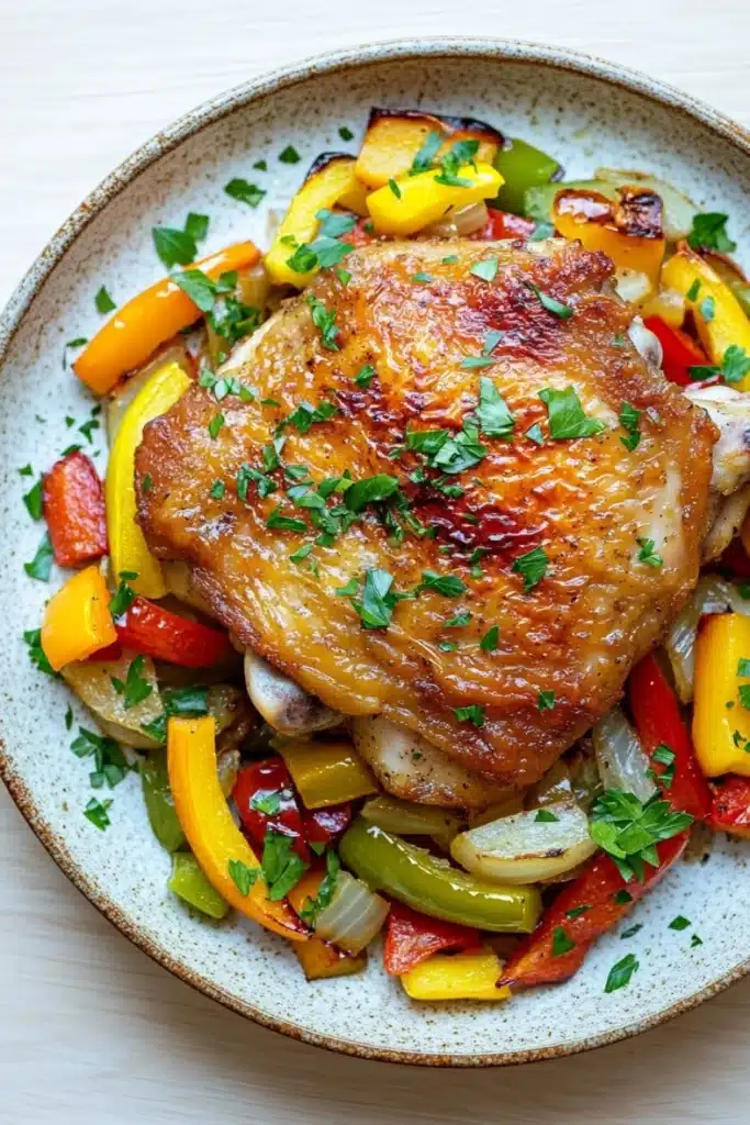 Baked chicken thighs peppers and onions - the image shows a plate of food with a large piece of grilled chicken on top. the chicken is golden brown and appears to be seasoned with herbs and spices. the dish is made up of various vegetables, including bell peppers, onions, and mushrooms. the vegetables are arranged in a colorful and appetizing manner, with some overlapping each other. the plate is white with a speckled pattern, and the background is a wooden table.