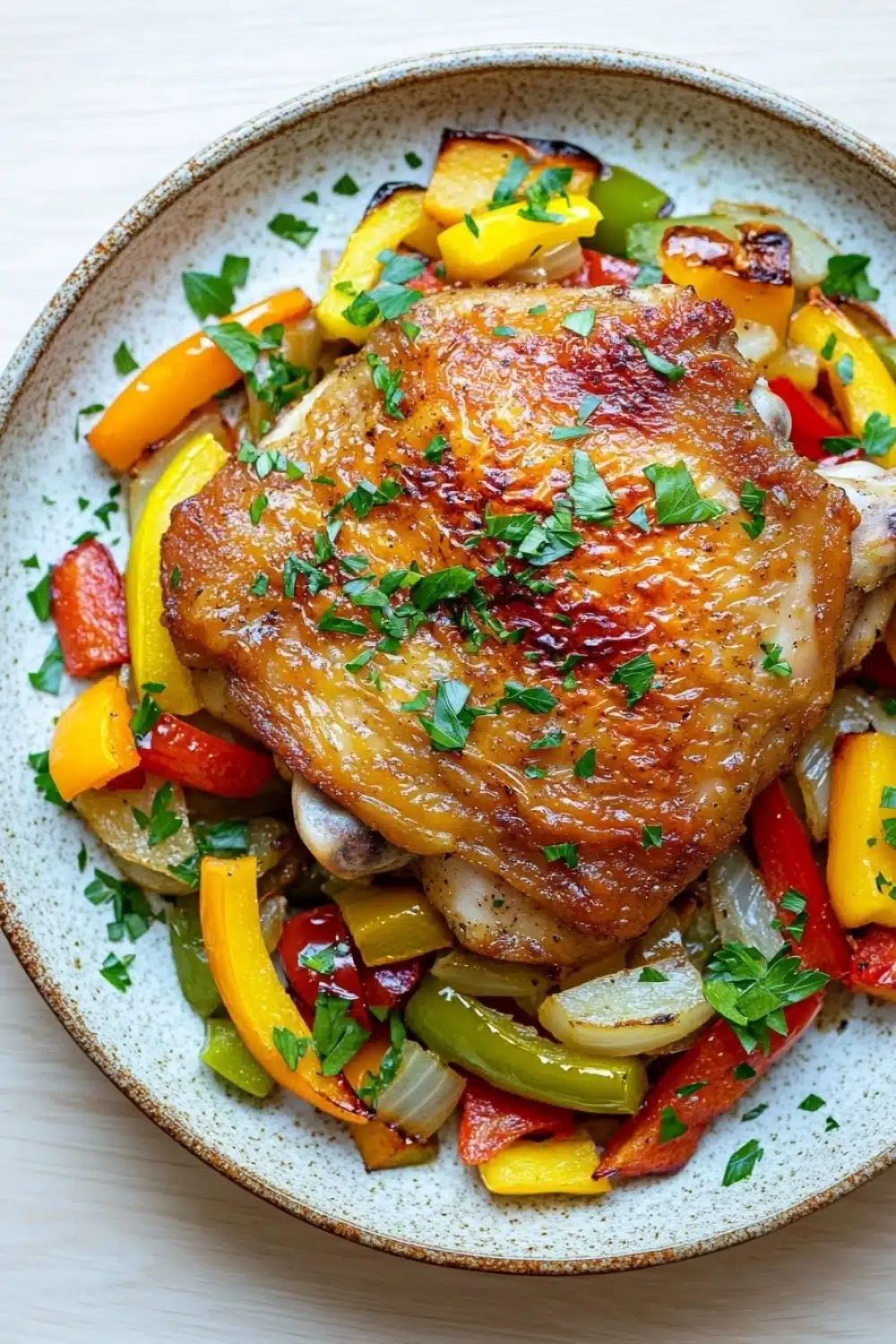 Baked chicken thighs peppers and onions - the image shows a plate of food with a large piece of grilled chicken on top. the chicken is golden brown and appears to be seasoned with herbs and spices. the dish is made up of various vegetables, including bell peppers, onions, and mushrooms. the vegetables are arranged in a colorful and appetizing manner, with some overlapping each other. the plate is white with a speckled pattern, and the background is a wooden table.