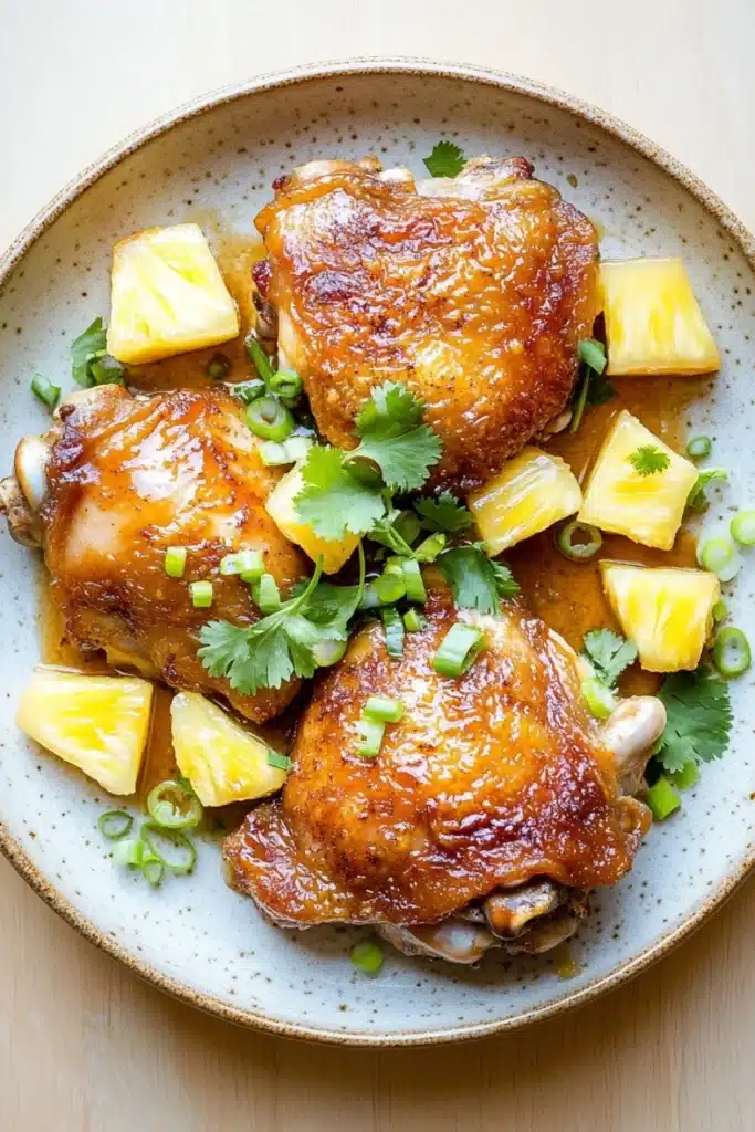 Baked chicken thighs pineapple - the image shows a plate of food with two pieces of grilled chicken on it. the chicken is golden brown and appears to be seasoned with herbs and spices. the plate is light blue with a speckled pattern and is placed on a wooden table. there are also slices of pineapple and chopped green onions scattered around the plate. the dish looks appetizing and ready to eat.