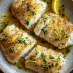 Baked cod in lemon butter sauce - the image shows three pieces of fish fillets on a white plate with a dark background. the fillets are golden brown and appear to be seasoned with herbs and spices. they are arranged in a circular pattern on the plate, with a slice of lemon on the side. the plate is garnished with a sprig of parsley. the overall presentation of the dish is elegant and appetizing.