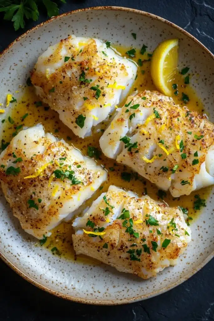 Baked cod in lemon butter sauce - the image shows three pieces of fish fillets on a white plate with a dark background. the fillets are golden brown and appear to be seasoned with herbs and spices. they are arranged in a circular pattern on the plate, with a slice of lemon on the side. the plate is garnished with a sprig of parsley. the overall presentation of the dish is elegant and appetizing.