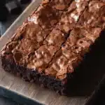 Banana bread brownies - the image shows a rectangular wooden cutting board with a freshly baked brownie on it. the brownie is square in shape and has a rich, dark chocolate color. it is covered in a thick layer of chocolate shavings, which are scattered across the top of the brownie. there are a few small pieces of chocolate scattered around the board, adding a pop of color to the image. the cutting board is placed on a wooden table with a rustic, weathered look. the overall mood of the image is warm and inviting.