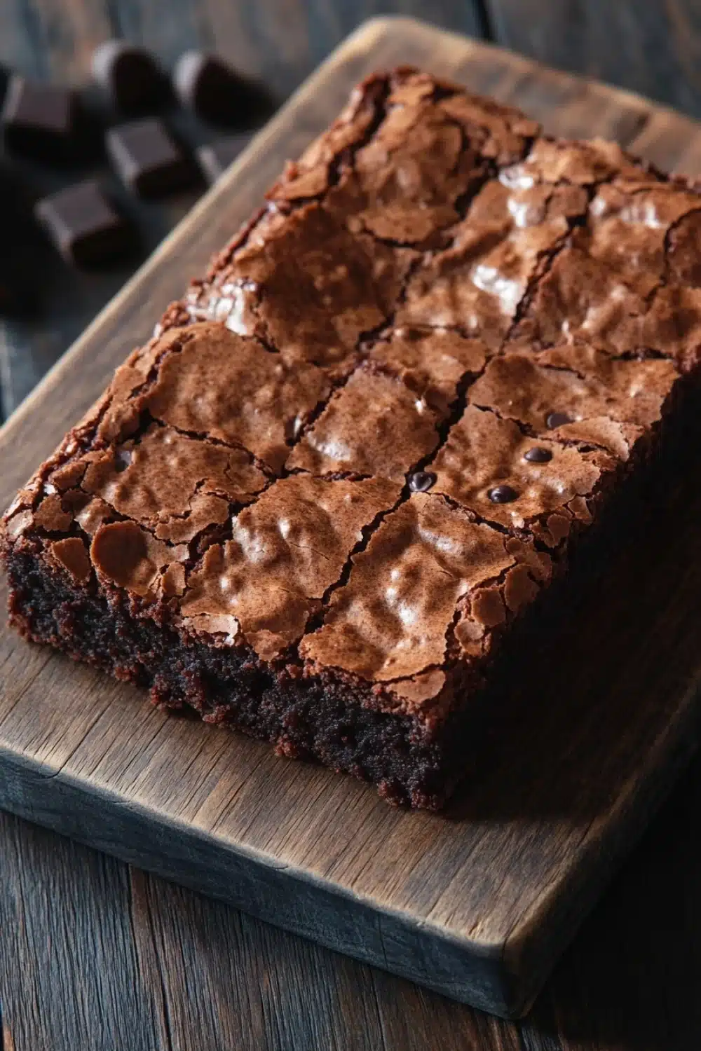 Banana bread brownies - the image shows a rectangular wooden cutting board with a freshly baked brownie on it. the brownie is square in shape and has a rich, dark chocolate color. it is covered in a thick layer of chocolate shavings, which are scattered across the top of the brownie. there are a few small pieces of chocolate scattered around the board, adding a pop of color to the image. the cutting board is placed on a wooden table with a rustic, weathered look. the overall mood of the image is warm and inviting.