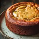 Banana cake in air fryer - the image is a close-up of a round cake on a blue and white plate. the cake appears to be freshly baked and has a golden brown crust on top. the top of the cake is covered in a thick layer of caramel sauce, which is dripping down the sides. the caramel sauce is a light yellow color and looks like it has been drizzled over the cake. the plate is sitting on a wooden table with a rustic background. the overall mood of the image is warm and inviting.