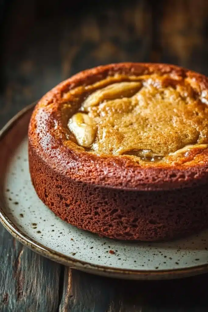 Banana cake in air fryer - the image is a close-up of a round cake on a blue and white plate. the cake appears to be freshly baked and has a golden brown crust on top. the top of the cake is covered in a thick layer of caramel sauce, which is dripping down the sides. the caramel sauce is a light yellow color and looks like it has been drizzled over the cake. the plate is sitting on a wooden table with a rustic background. the overall mood of the image is warm and inviting.